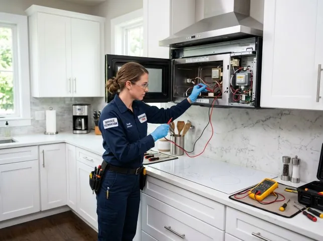 Appliance Repair Hero technician testing an over-the-range microwave in a Bountiful, UT kitchen